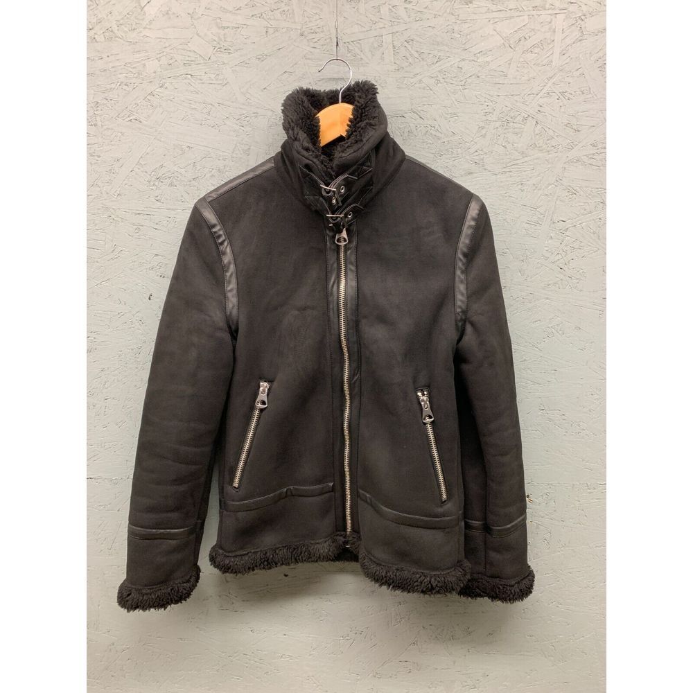 H&M Sherpa Faux Fur Lined Suede Jacket Women’s XS Black Cozy Winter Coat - Picture 2 of 12